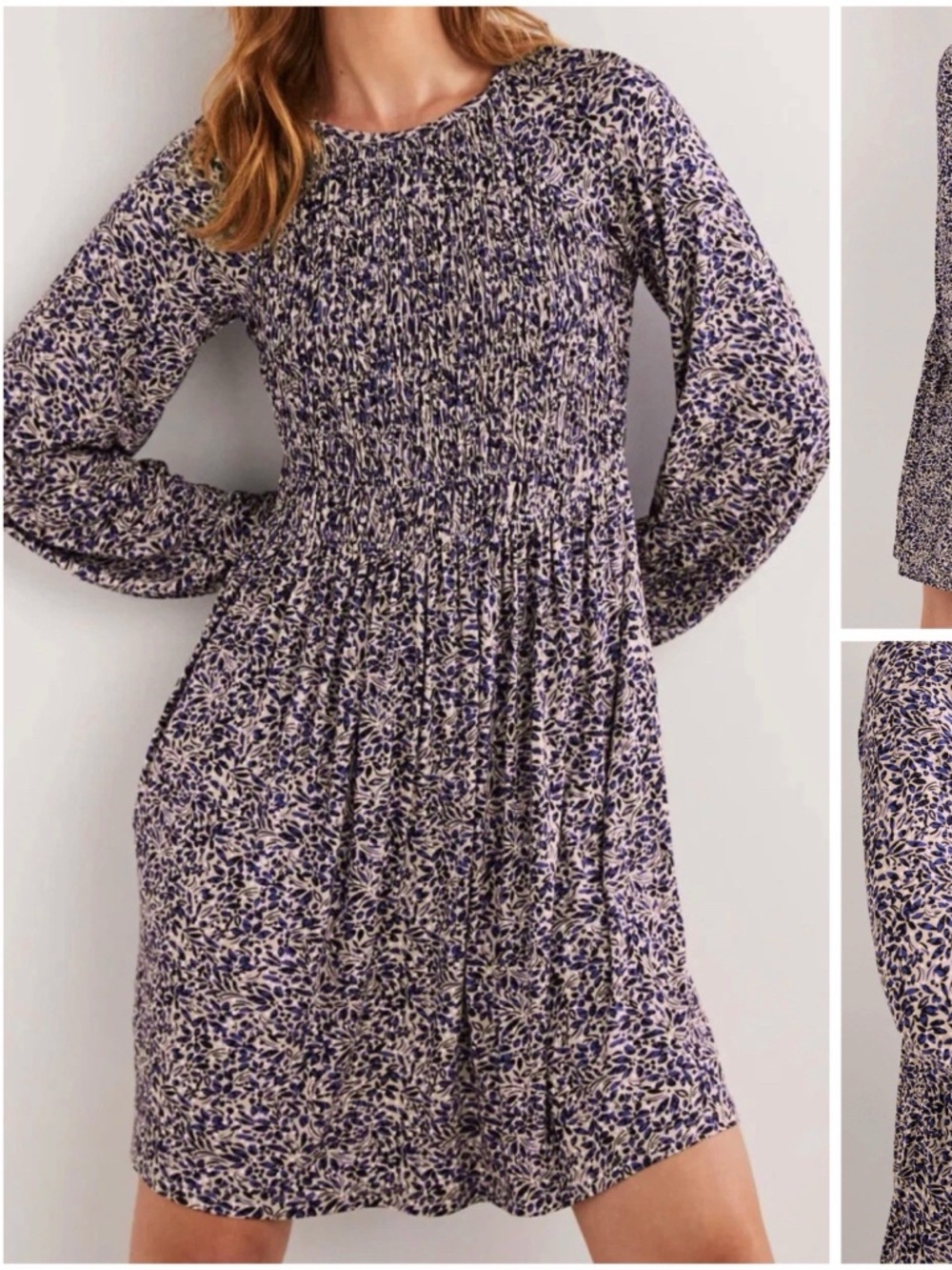 Boden Size 8R Smocked Bodice Jersey Dress Persian Blue Leaf Cluster Floral Brand
